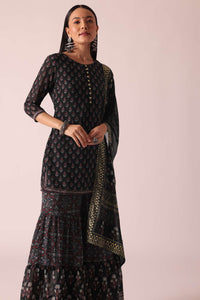 Black Foil Print Kurta Sharara Set