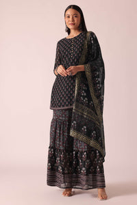 Black Foil Print Kurta Sharara Set