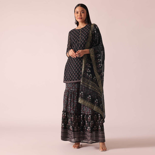 Black Foil Print Kurta Sharara Set