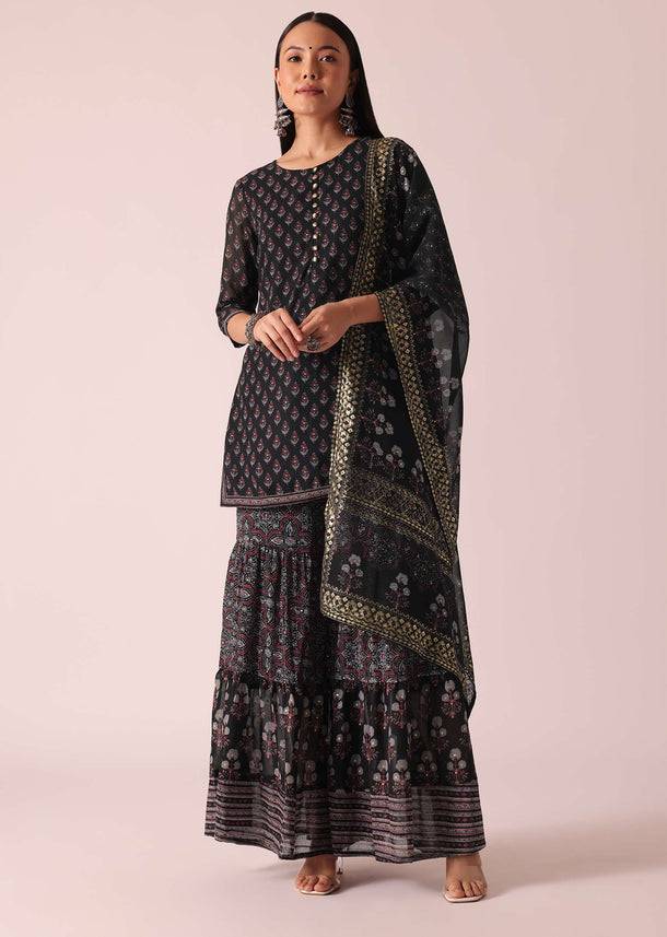 Black Foil Print Kurta Sharara Set