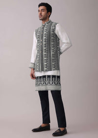 Black Four Piece Sherwani Set With Threadwork And Sequins Embroidery