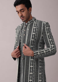 Black Four Piece Sherwani Set With Threadwork And Sequins Embroidery