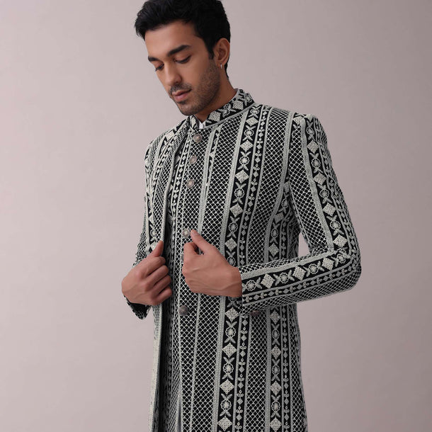 Black Four Piece Sherwani Set With Threadwork And Sequins Embroidery