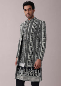 Black Four Piece Sherwani Set With Threadwork And Sequins Embroidery