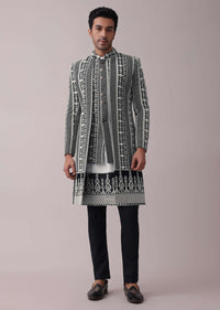 Black Four Piece Sherwani Set With Threadwork And Sequins Embroidery