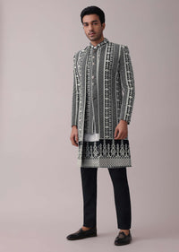 Black Four Piece Sherwani Set With Threadwork And Sequins Embroidery