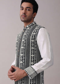 Black Four Piece Sherwani Set With Threadwork And Sequins Embroidery