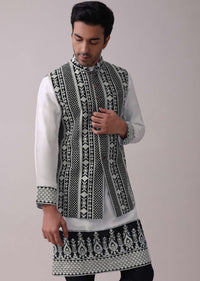 Black Four Piece Sherwani Set With Threadwork And Sequins Embroidery