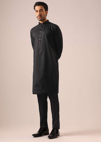 Black Front Open Jacket And Kurta Set in Silk