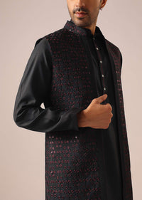 Black Front Open Jacket And Kurta Set in Silk