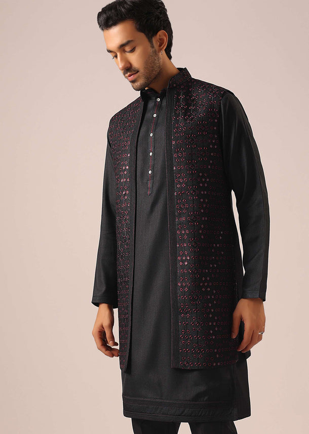 Black Front Open Jacket And Kurta Set in Silk