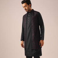 Black Front Open Jacket And Kurta Set in Silk