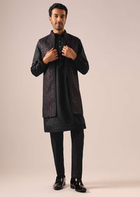 Black Front Open Jacket And Kurta Set in Silk