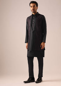 Black Front Open Jacket And Kurta Set in Silk