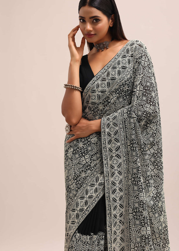 Black Georgette Chikankari Embroidered Saree With Unstitched Blouse