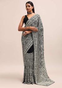 Black Georgette Chikankari Embroidered Saree With Unstitched Blouse