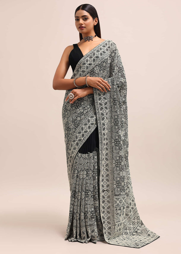 Black Georgette Chikankari Embroidered Saree With Unstitched Blouse