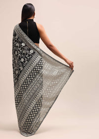 Black Georgette Chikankari Saree With Jaal Work And Unstitched Blouse