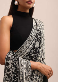 Black Georgette Chikankari Saree With Jaal Work And Unstitched Blouse