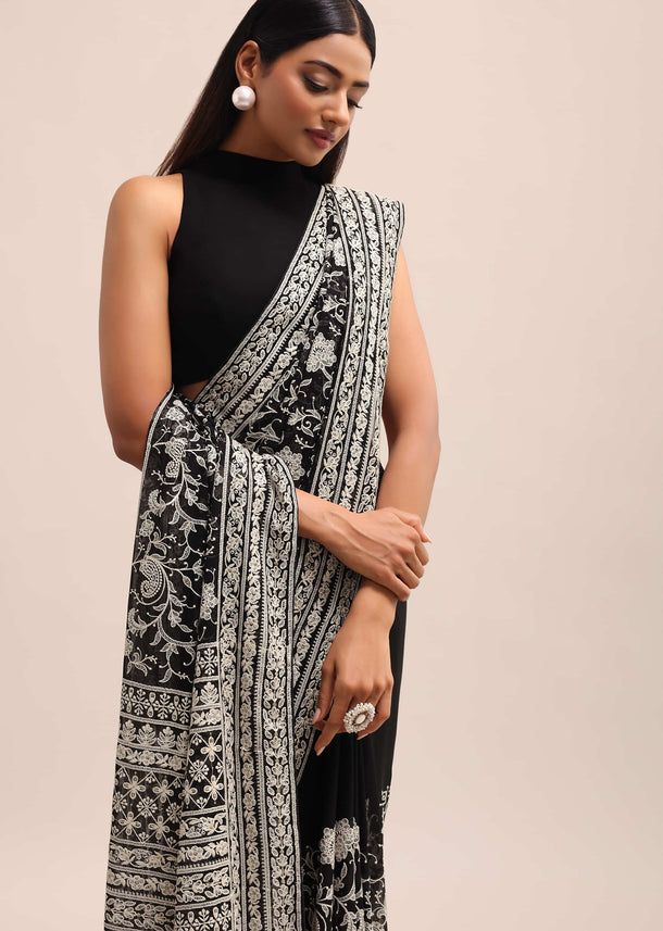 Black Georgette Chikankari Saree With Jaal Work And Unstitched Blouse