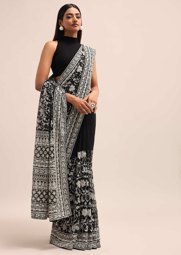 Black Georgette Chikankari Saree With Jaal Work And Unstitched Blouse
