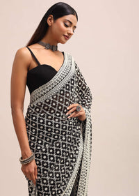 Black Georgette Chikankari Saree With Unstitiched Blouse