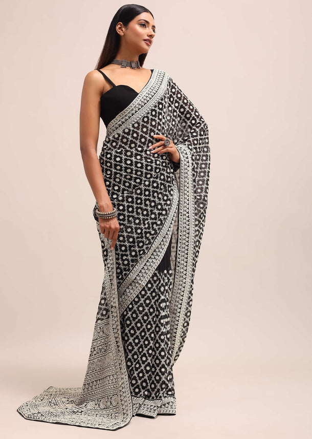 Black Georgette Chikankari Saree With Unstitiched Blouse