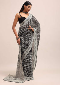 Black Georgette Chikankari Saree With Unstitiched Blouse