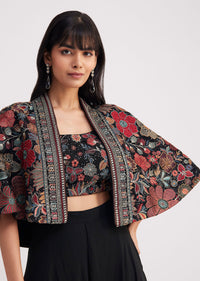 Black Georgette Croptop Palazzo With Sequin Work Cape