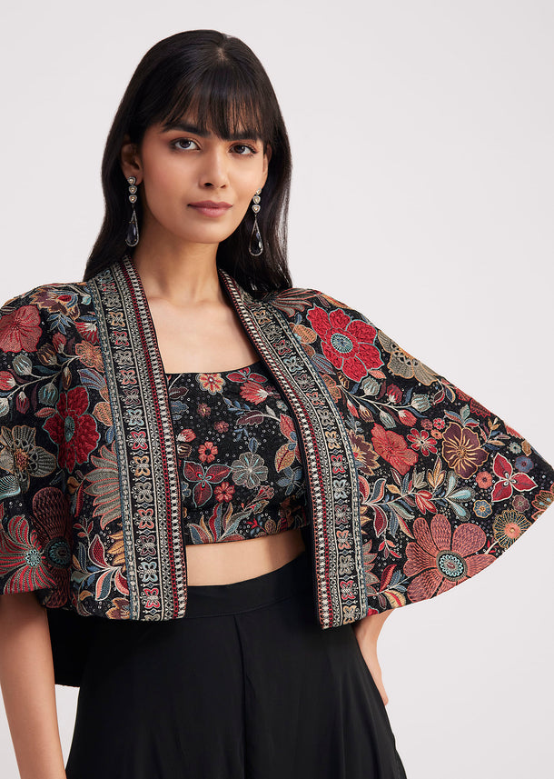 Black Georgette Croptop Palazzo With Sequin Work Cape