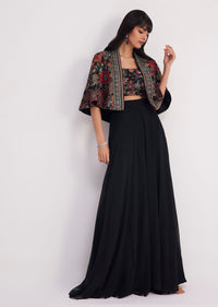 Black Georgette Croptop Palazzo With Sequin Work Cape