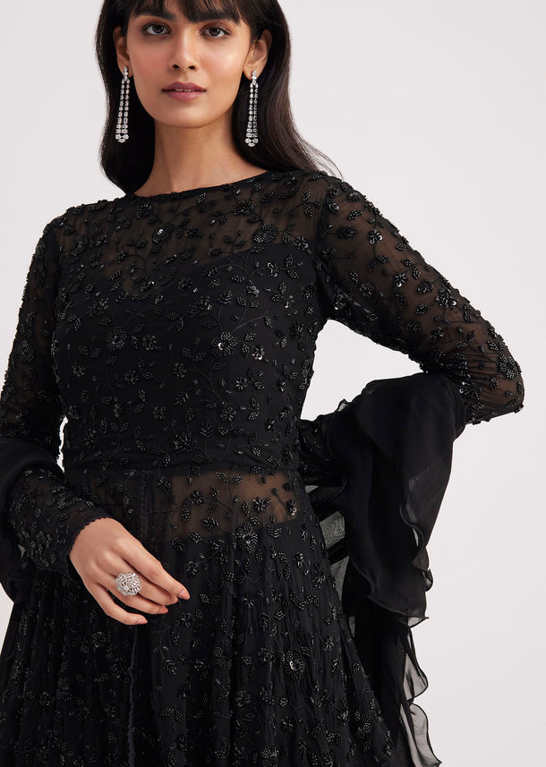 Black Georgette Embroidered Sharara Suit