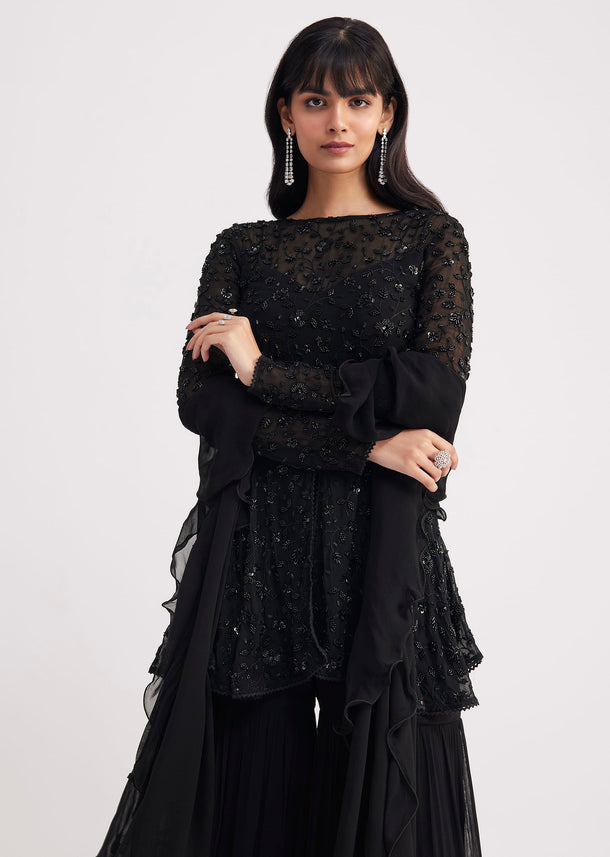 Black Georgette Embroidered Sharara Suit