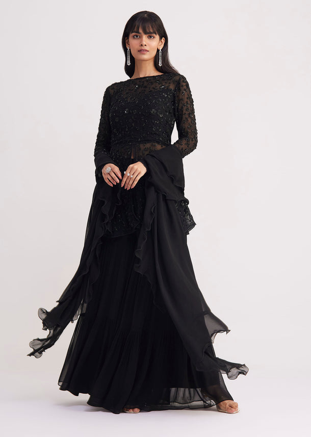 Black Georgette Embroidered Sharara Suit