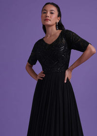 Black Georgette Gown With Cut Dana, Sequins, And Bead Work