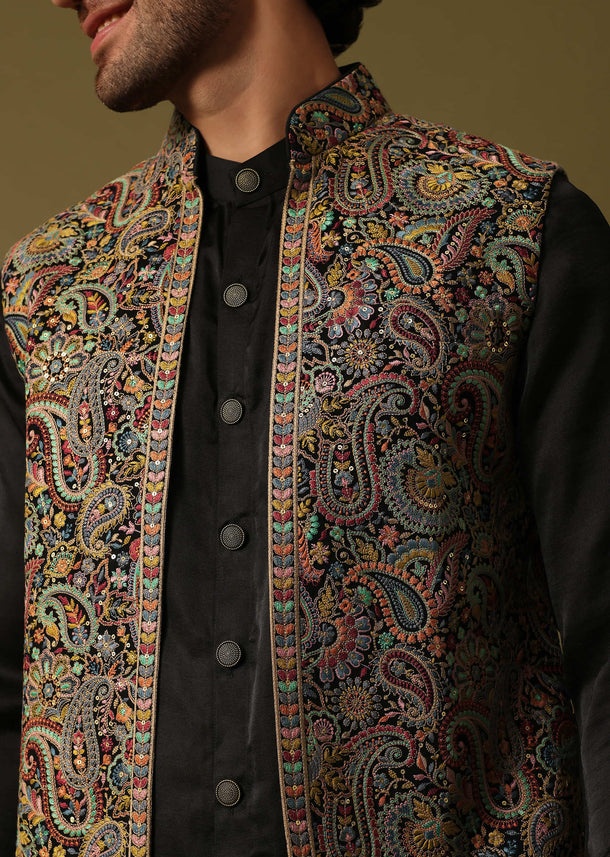 Black Georgette Kurta Jacket Set With Resham Work For Men