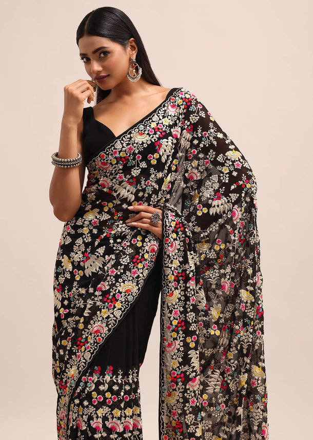 Black Georgette Parsi Gara Multi Color Saree With Unstitched Blouse