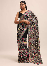 Black Georgette Parsi Gara Multi Color Saree With Unstitched Blouse