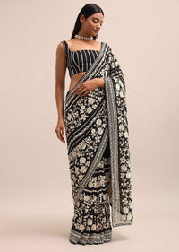 Black Georgette Parsi Gara Saree With Unstitched Blouse