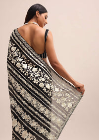 Black Georgette Parsi Gara Saree With Unstitched Blouse