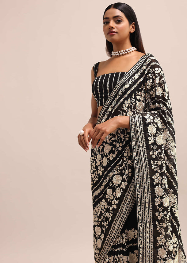 Black Georgette Parsi Gara Saree With Unstitched Blouse