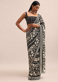 Black Georgette Parsi Gara Saree With Unstitched Blouse