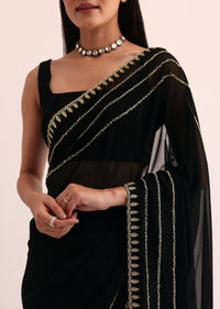 Black Georgette Saree With Cut Dana Embroidery And Unstitched Blouse