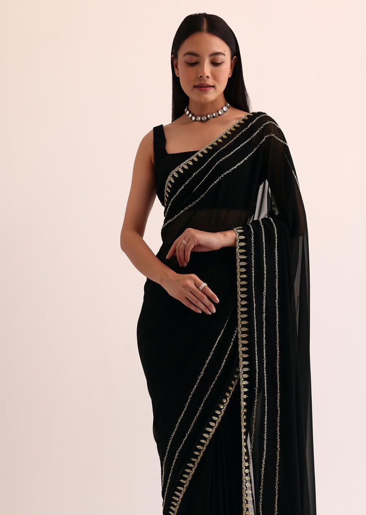 Black Georgette Saree With Cut Dana Embroidery And Unstitched Blouse