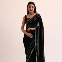 Black Georgette Saree With Cut Dana Embroidery And Unstitched Blouse