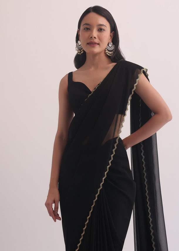 Black Georgette Saree With Cutdana Scallop Border