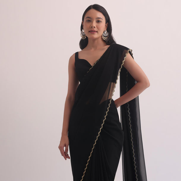 Black Georgette Saree With Cutdana Scallop Border