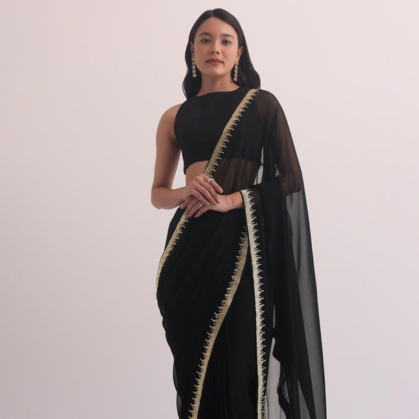 Black Georgette Saree With Salli Cutdana Border