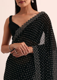 Black Georgette Saree With Stone Embroidery And Unstitched Blouse