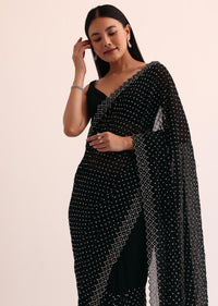 Black Georgette Saree With Stone Embroidery And Unstitched Blouse